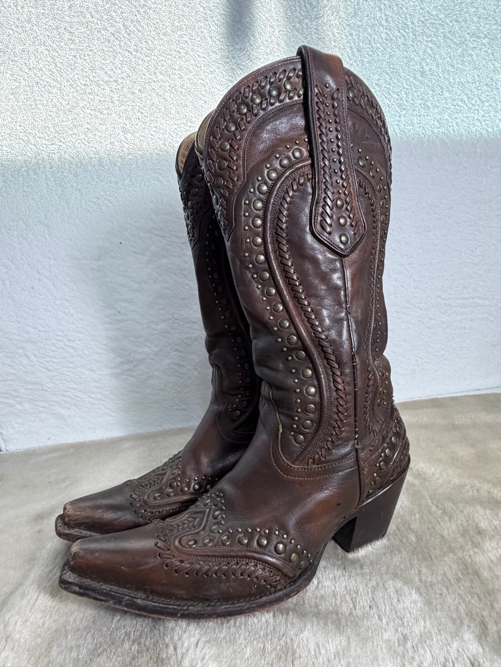 Corral Braided Leather Studded Snip Toe Western Boots Bronze Women Size 6
